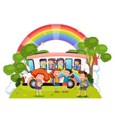 Children With School Bus In Cartoon Style