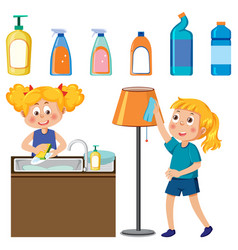 Set Of Children Doing Chores With Household