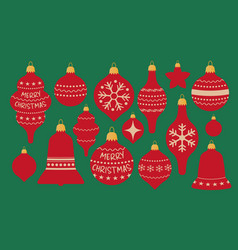 Set Red Christmas Tree Toys On Green Background