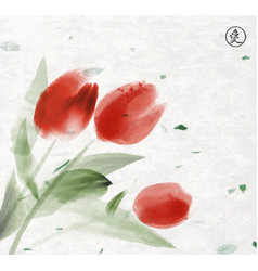 Minimalist Painting With Red Tulips On Rice Paper