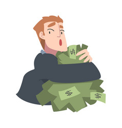 Rich Greedy Businessman Hugging Big Pile Money