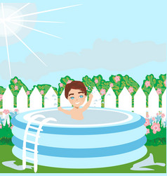 Garden With Boy In Pool