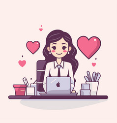 Young Woman Working On Laptop At Home In Cartoon