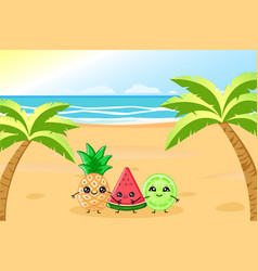 Cute And Happy Fruit In The Beach Cartoon