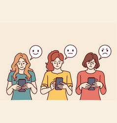 Women With Phones Near Emoji Different Facial