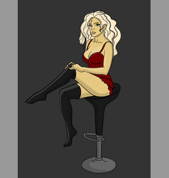 A Blonde Dressed In Red Corset Sits On Chair