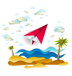 Origami Paper Plane Toy Flying In Sky Over Ocean