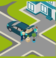 People Moving From House Isometric Banner