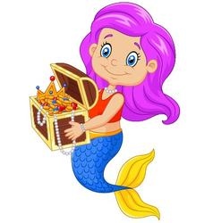 Cartoon Happy Mermaid Holding Treasure Chest