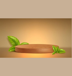 Cylinder Podium With Wood Texture And Green Leaves