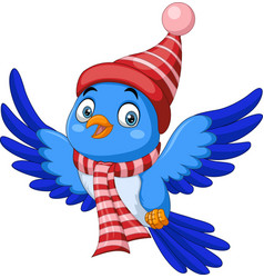 Cartoon Blue Bird Wearing Christmas Santa Hat