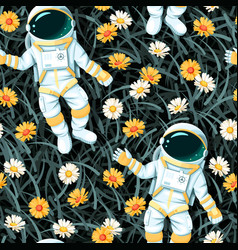 Astronaut Grass And Daisy Seamless Pattern