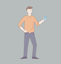 Man Standing And Holding Smartphone With Outline