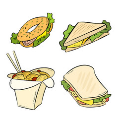 Set Fast Food Doodles Sandwich Bagle Wok