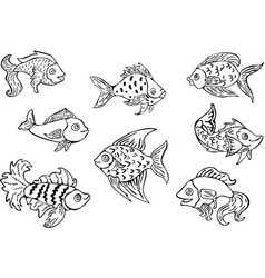 Set Black And White Fish In Retro Linocut