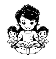 Mother Reading A Book With Her Kids Isolated On