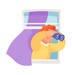 Redhead Boy Character In Window With Binoculars