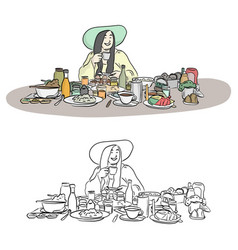 Fat Woman With Green Hat With Much Food On Table