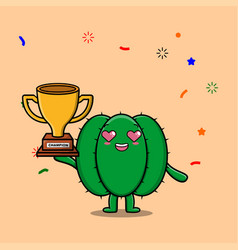 Cute Cartoon C Cactus Holding Golden Trophy