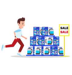 Shopping Man Running To Kettles Assortment On Sale