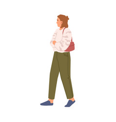 Young Woman With Rucksack Walking In Casual Cloth