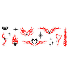 Set Of Hand Drawn Y2k Style Flame Elements Heart