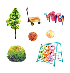 Set Watercolor Design Tree Basketball Jungle