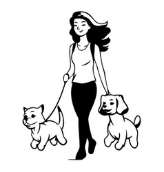 Woman Walking With Her Dogs In A Flat Style