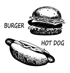 Hand Drawn Of Hamburger And Hotdog Set Fast Food