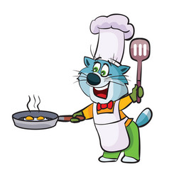 Blue Cat In A Chefs Hat And Apron Holds A Frying