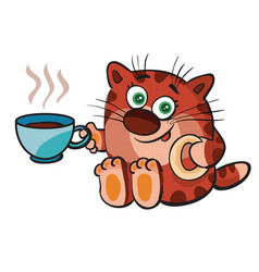 A Cute Ginger Kitten Holds Mug With Hot Drink