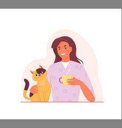 Happy Woman Sitting With Cat And Holding Coffee