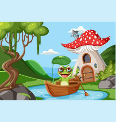 Cartoon Frog Rows Boat In Pond Scene