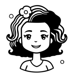 Cute Little Girl With Curly Hair In Cartoon Style