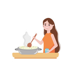 Cartoon Woman Cooking And Hot Rice Pot Colorful