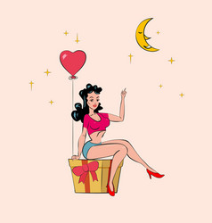 Sexy Pin-up Woman Sits On A Gift Box With Holds