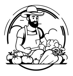 Farmer In Hat And Apron With Ripe Vegetables