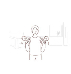 Young Man With Barbells Train At Home