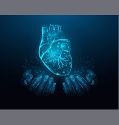 Two Human Hands Are Holds Heart Wireframe Glowing