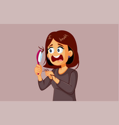 Stressed Woman Checking Her Hair Brush Cartoon