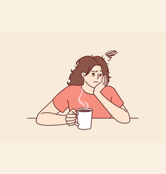 Tired Woman With Sad Face Drinks Hot Coffee