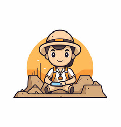 Cute Cartoon Explorer Boy Sitting On The Ground