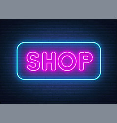 Shop Neon Sign On Brick Wall Background