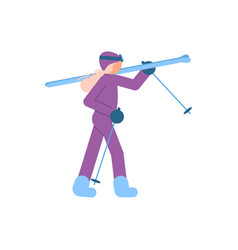 Female Skier Holds Skis On Her Shoulder