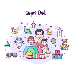 Happy Super Dad Sons Teenager And Baby In Diaper