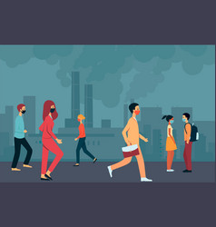 People In Masks Walk Through Smoky City