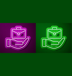 Glowing Neon Line Hand Holding Briefcase Icon