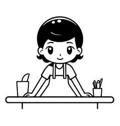 Cute Boy In Apron Sitting At Table