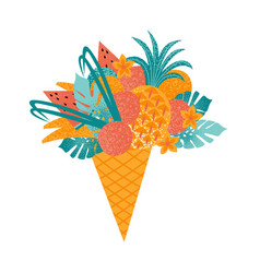 Tropical Fruits In A Waffle Cone With Ice Cream