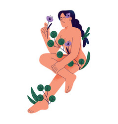 Naked Woman With Pigtail Hold Flower In Hand